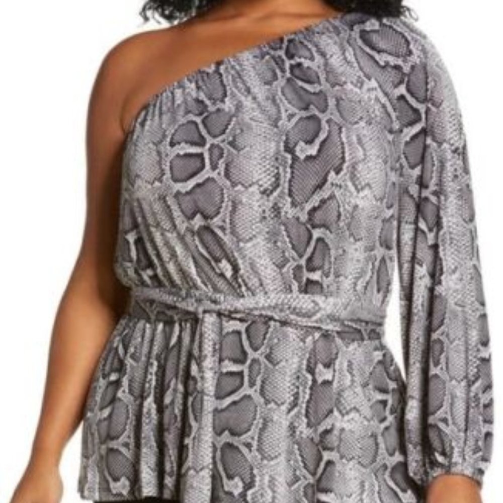 Michael Kors One Shoulder Top Women's Size 1X Gray Snake Print Belted